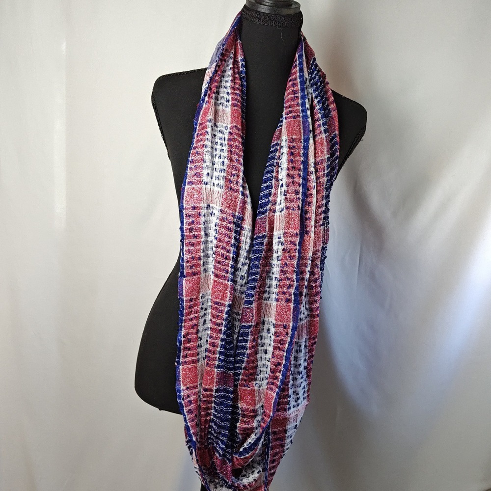 Patriotic Infinity Scarf Red White Blue Metallic Lightweight Open Weave Loop - Picture 2 of 7